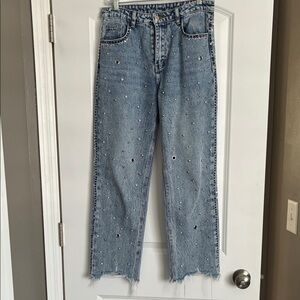 Stud-Embellished Light Blue Straight Leg Jeans